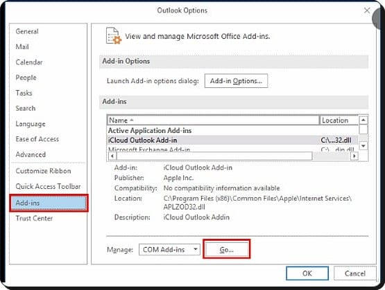Disable the add-ons to maintain MS outlook