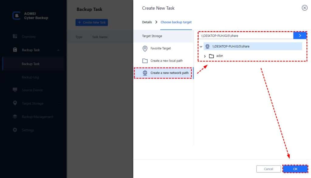 Choose where to store the backup